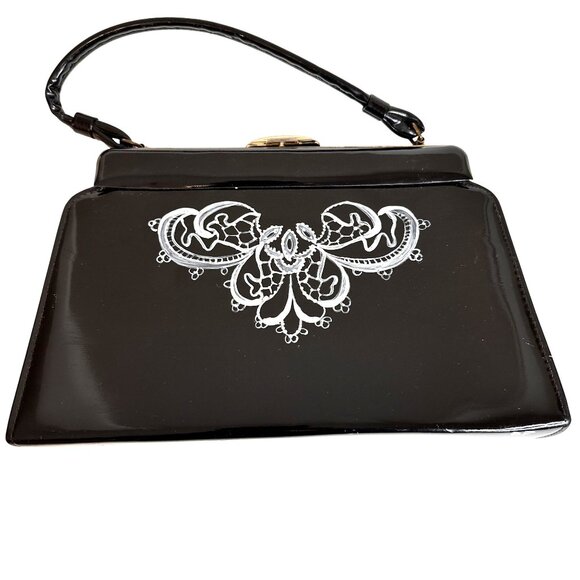 VTG Women Black Patent Leather Purse Hand-painted White Front Signed Gold Clasp - Picture 6 of 11